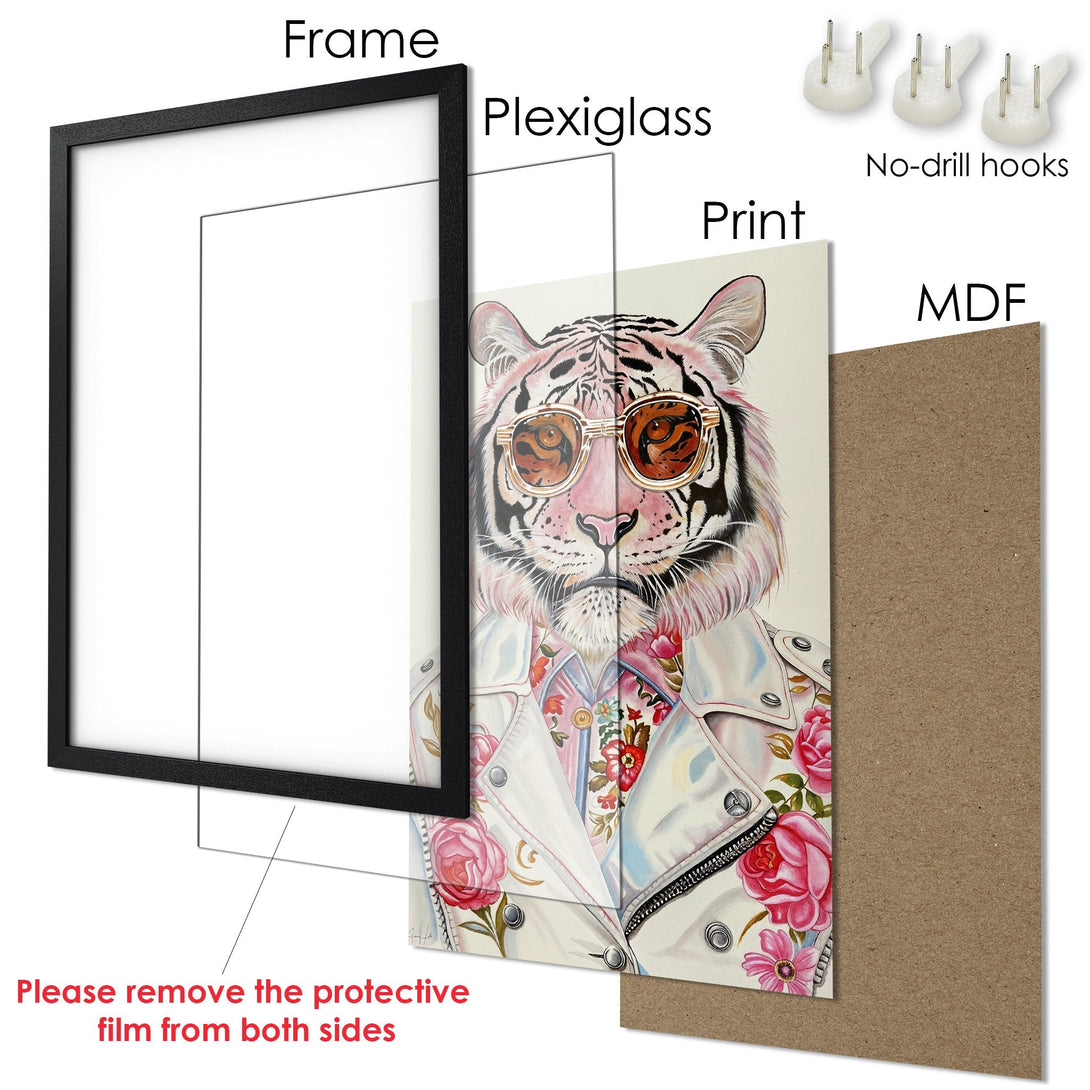 Framed Poster featuring a stylish tiger in sunglasses. Watercolor style, pink & white palette. Perfect wall art!