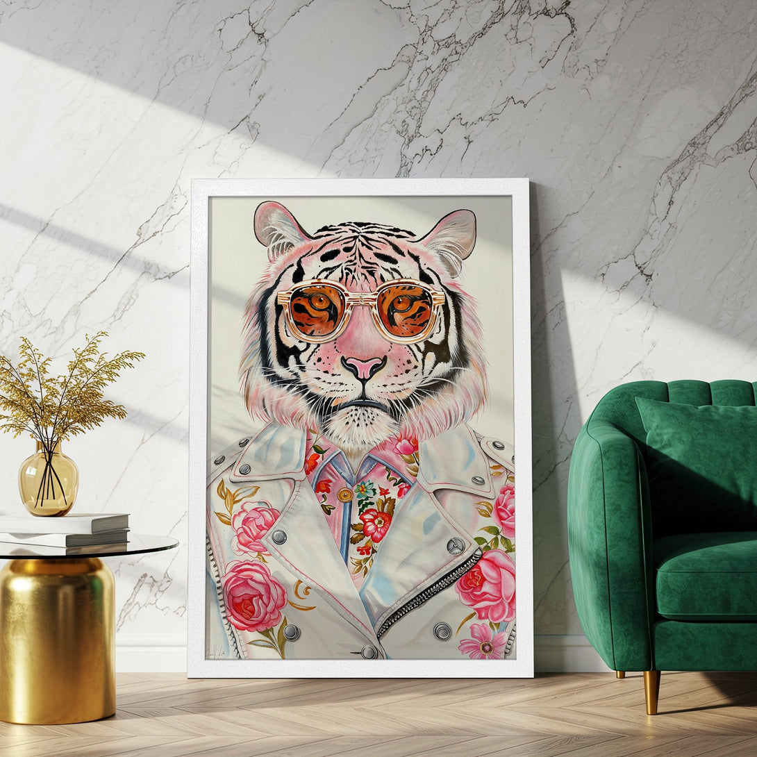 Framed Poster featuring a stylish tiger wearing sunglasses and a floral jacket. Watercolor style, pink and white color palette, perfect wall art.