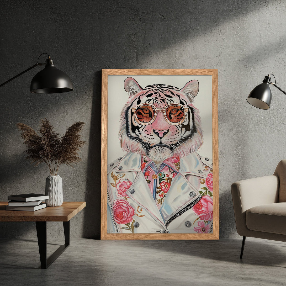 Framed Poster featuring a stylish tiger in sunglasses and floral jacket. Modern art with a pink and white color palette, perfect wall decor.