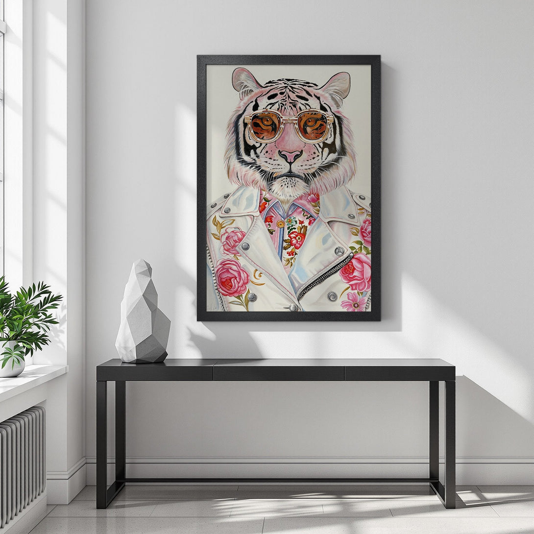 Framed Poster featuring a stylish tiger in sunglasses, vibrant pink and white color palette. Perfect wall art!