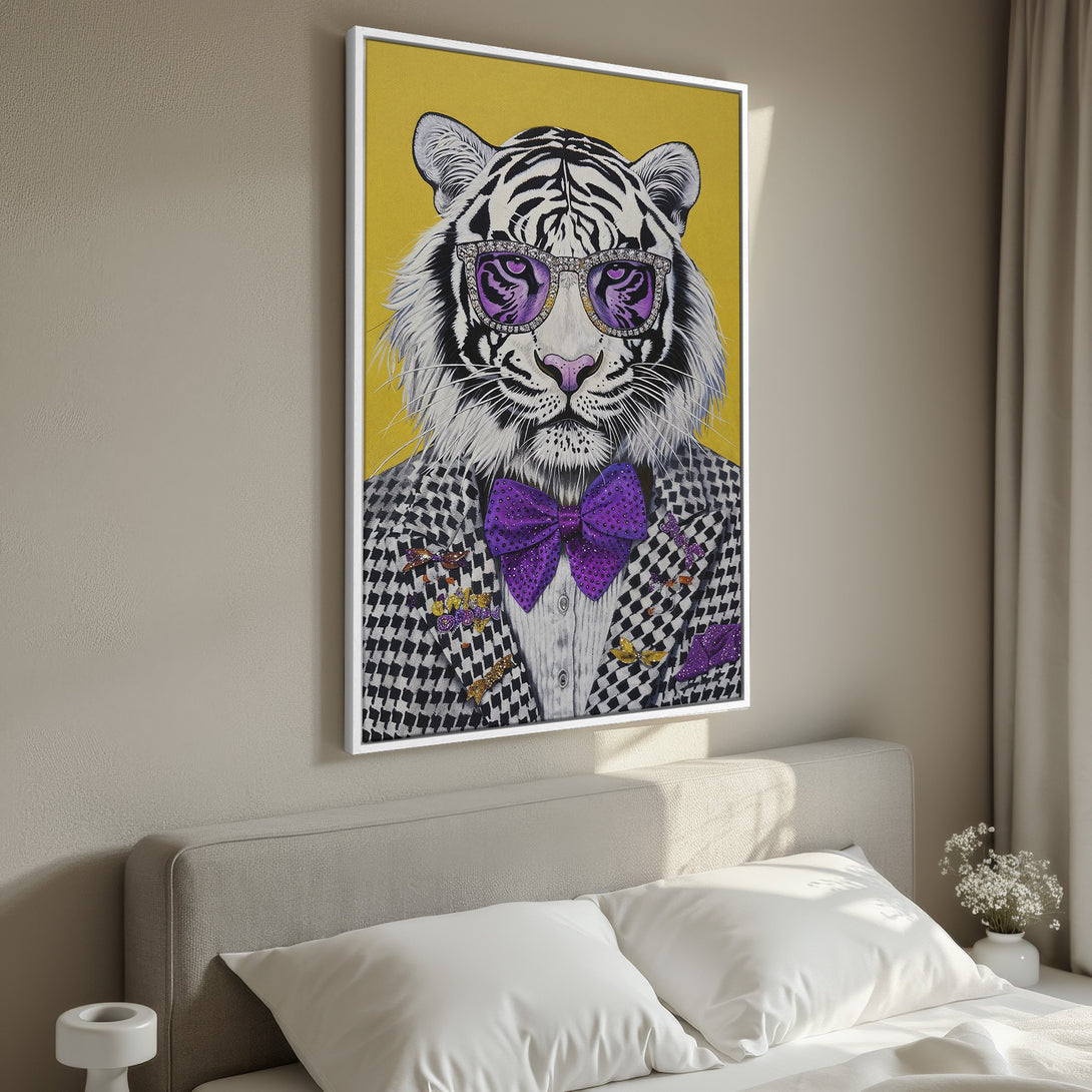 Framed Wall Art: Stylish tiger portrait with purple accents. Modern canvas print adds a pop of color to any room. Shop now for unique wall decor!