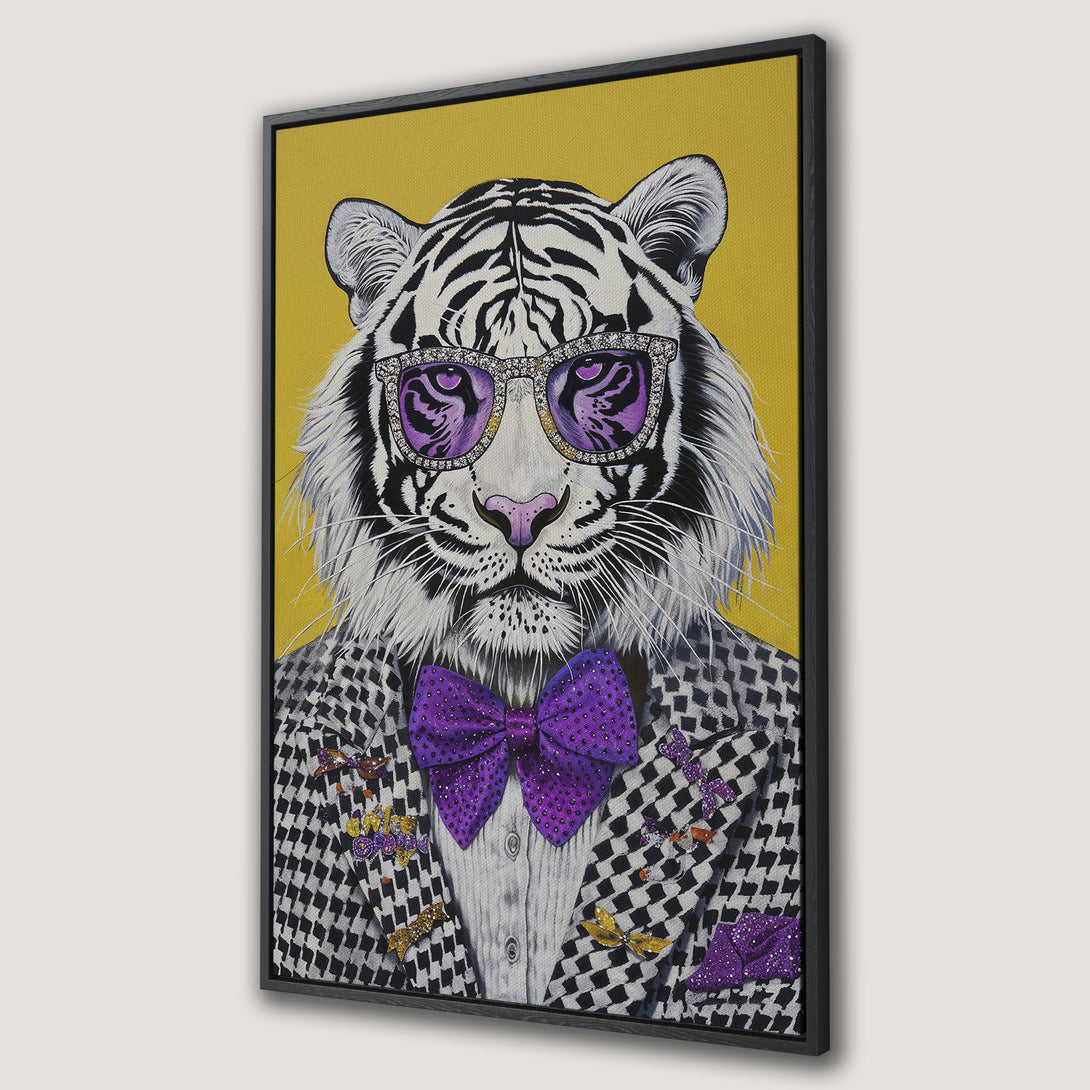 Framed Wall Art featuring a stylish tiger wearing sunglasses and a bow tie. Bold, modern art with a black, white, yellow, and purple color palette. Perfect for a statement piece!