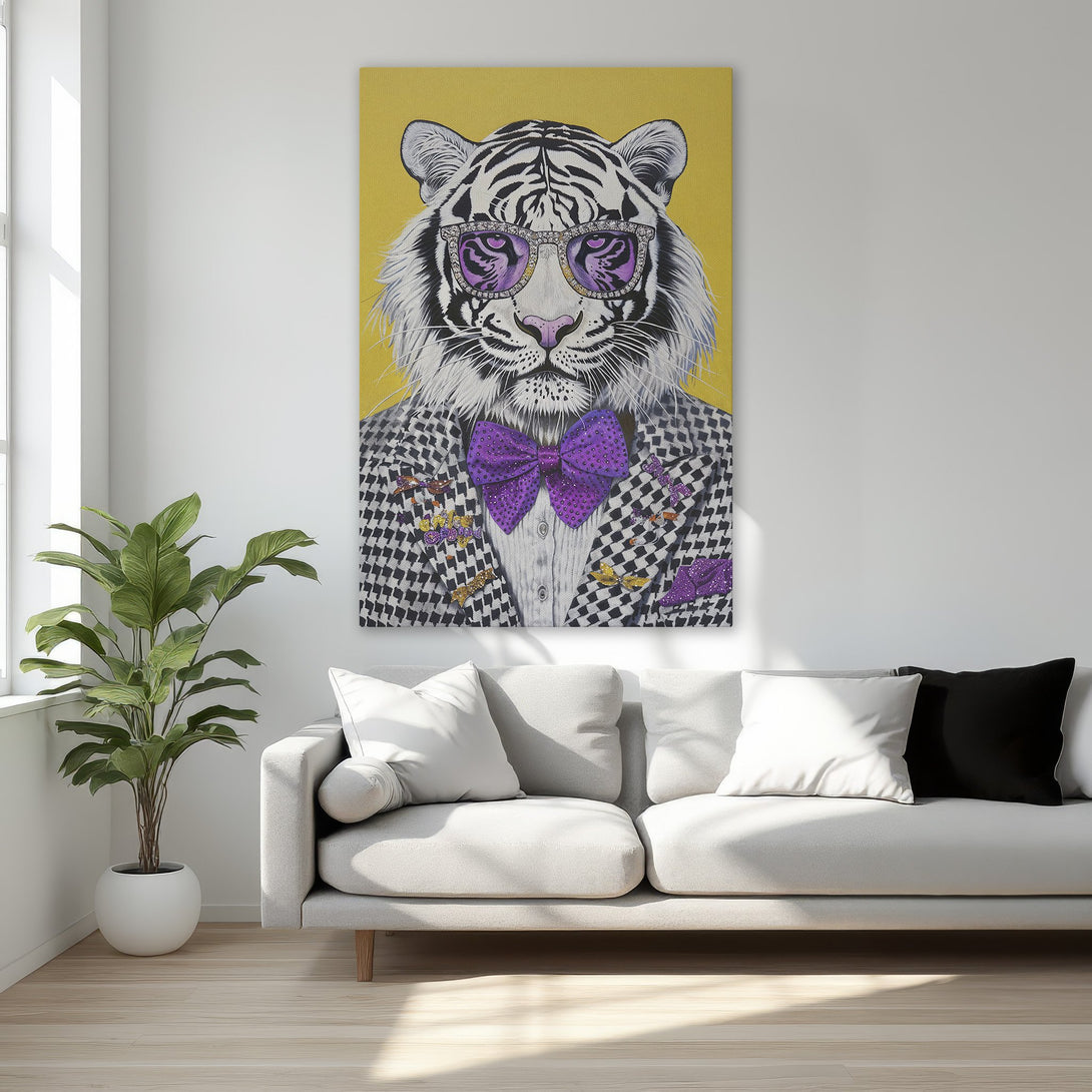 Framed Wall Art: Stylish tiger portrait with purple accents on a yellow background. Black & white checkered jacket. Perfect for adding a touch of personality to your space.