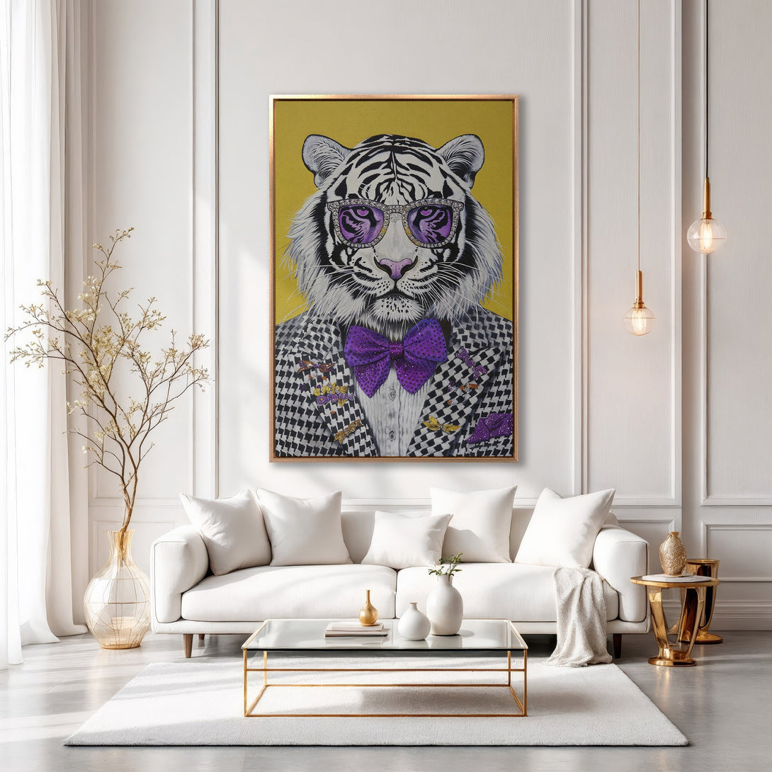 Framed Wall Art: Dapper tiger portrait in a modern interior. Featuring a black and white checkered suit, purple accents, and a gold frame. Adds a touch of luxury!
