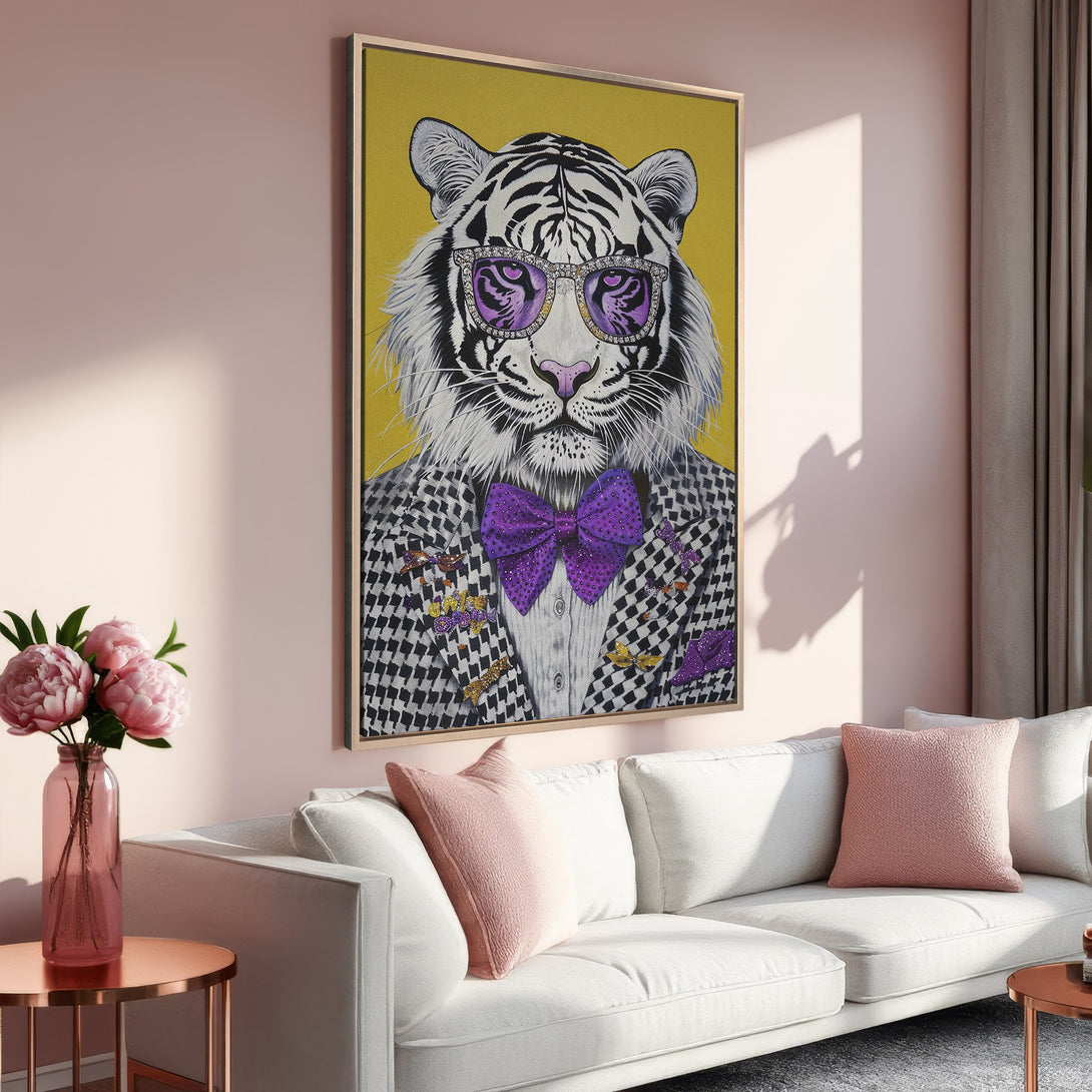 Framed Wall Art featuring a stylish tiger in sunglasses, set in a pink and yellow interior. Modern, playful art for your home.