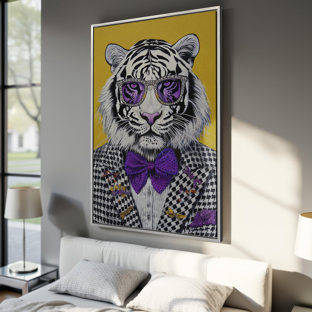 Framed Wall Art: Stylish tiger portrait in a checkered blazer, purple bow tie, and sunglasses. Modern art with a yellow, black, white, and purple color palette.