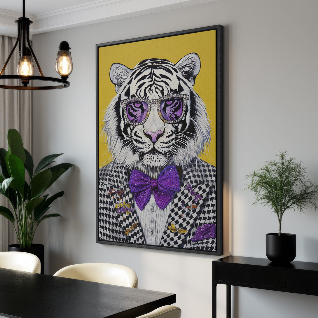 Framed Wall Art: Stylish tiger portrait with purple accents. Modern canvas art for home decor, featuring a bold black and white pattern and yellow background.