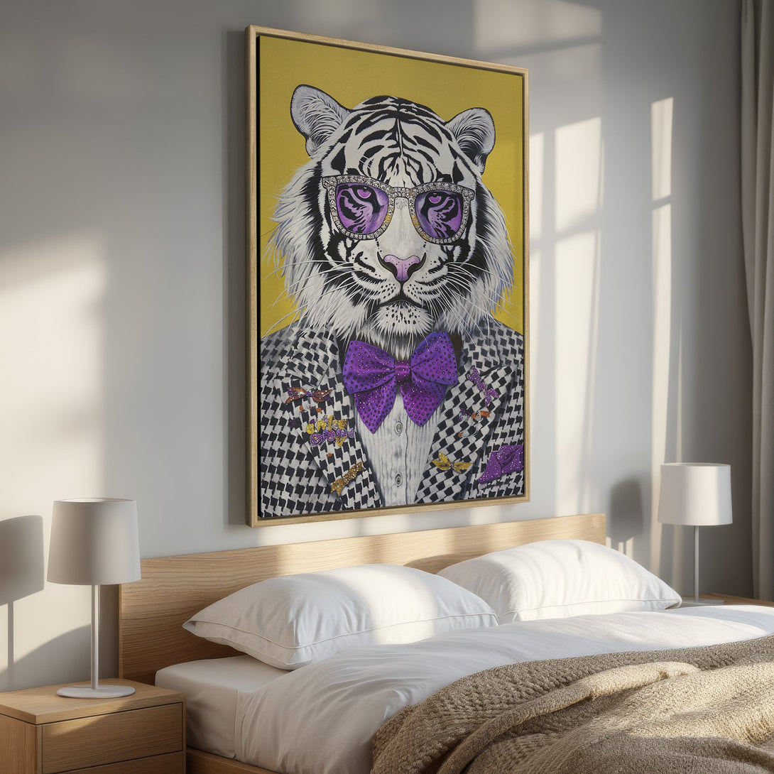 Framed Wall Art: Hipster tiger portrait with purple accents on a yellow background. Modern animal art for bedroom decor, adding a pop of color and style.