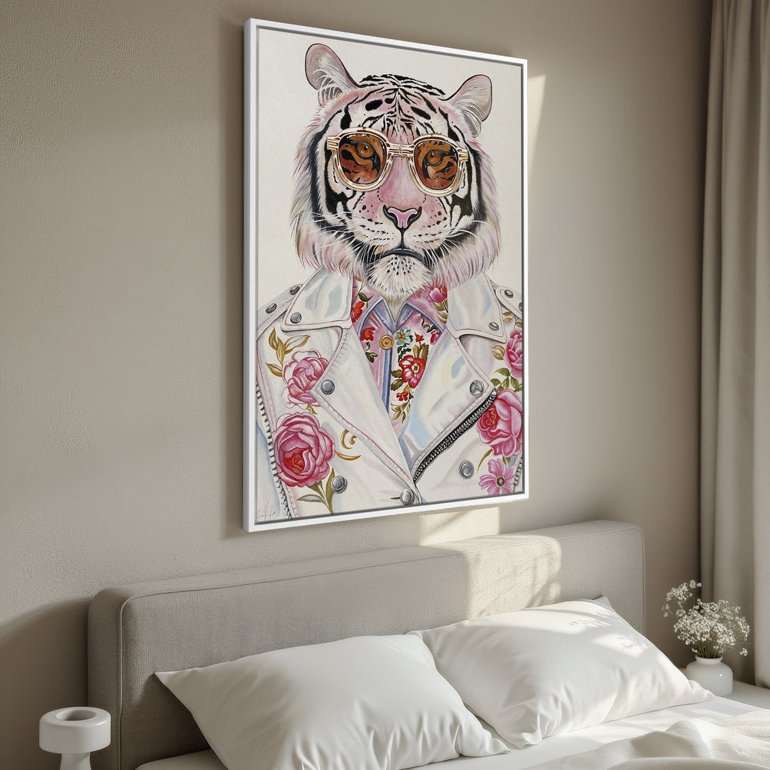 Framed Wall Art: Stylish tiger portrait in a white jacket with floral accents and sunglasses. Soft pink and neutral color palette. Perfect for modern home decor.