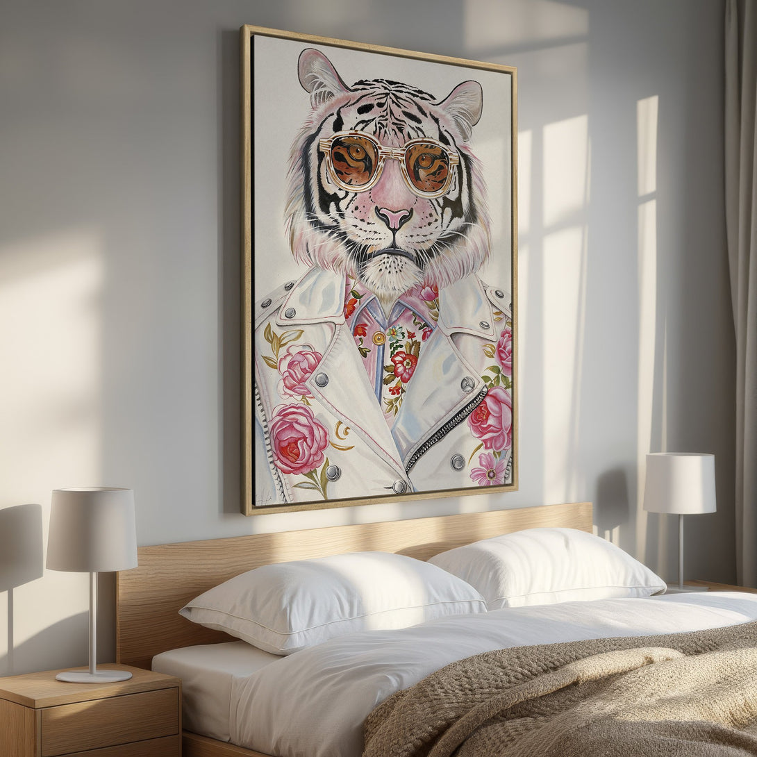Framed Wall Art: Cool tiger in sunglasses, floral jacket, displayed in a bedroom. Watercolor style, pink & neutral color palette. Perfect for modern home decor.