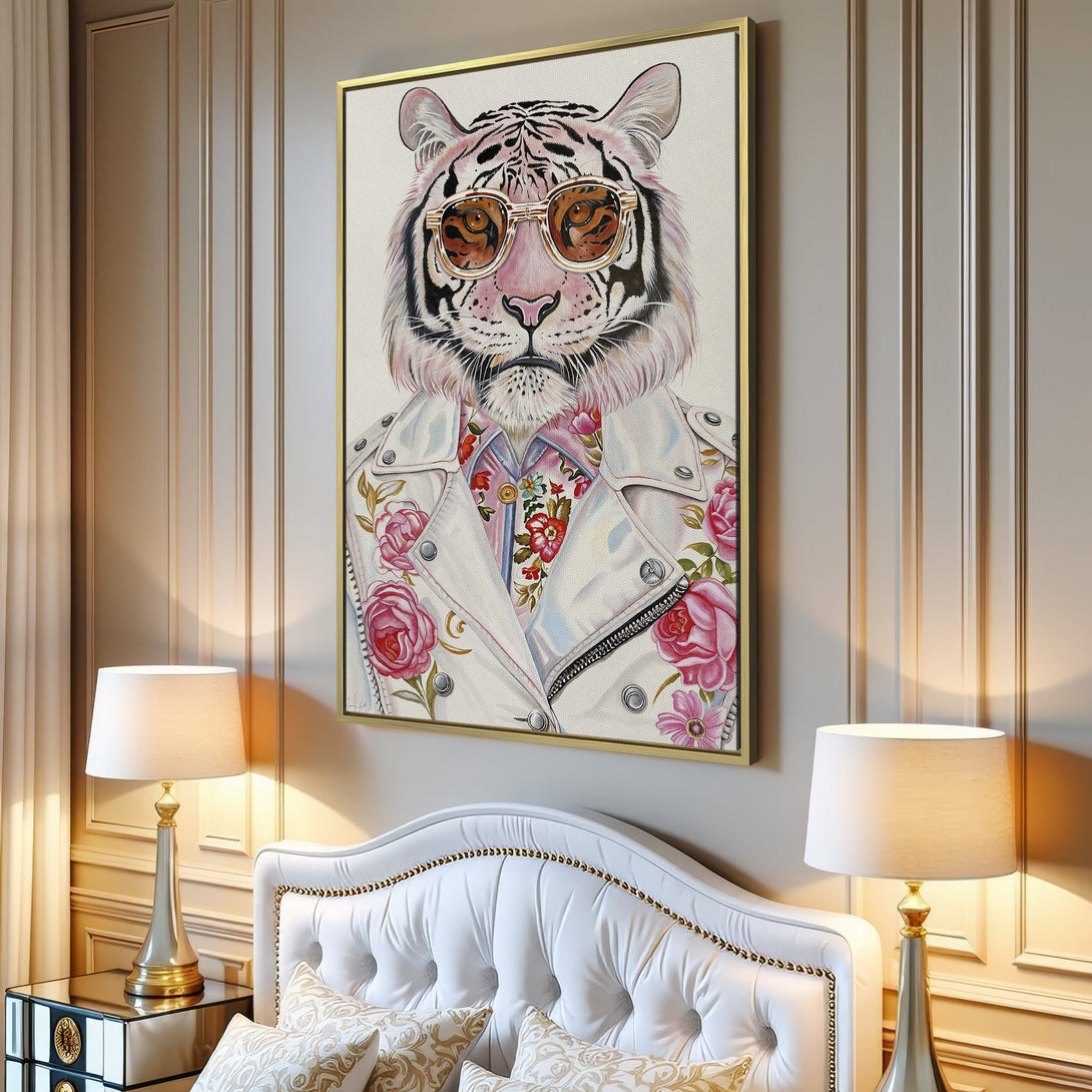 Canvas Print featuring a stylish tiger in sunglasses, wearing a floral jacket. Modern art with a pink, white, and neutral color palette. Perfect wall decor!