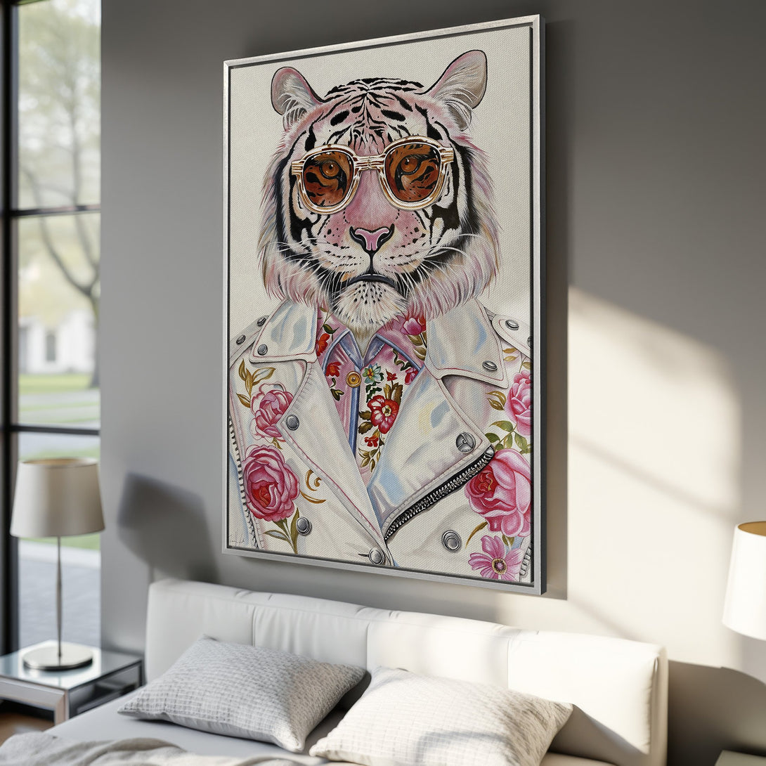 Framed Wall Art: Cool tiger portrait wearing sunglasses and a floral jacket. Stylish canvas print in pink, white, and neutral tones. Perfect for modern decor.
