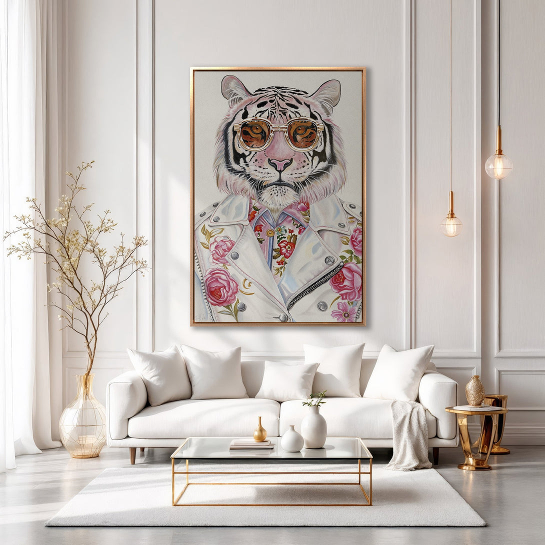 Framed Wall Art featuring a stylish tiger in sunglasses, floral jacket. Modern, chic design with a white, pink, and gold color palette. Perfect for home decor.