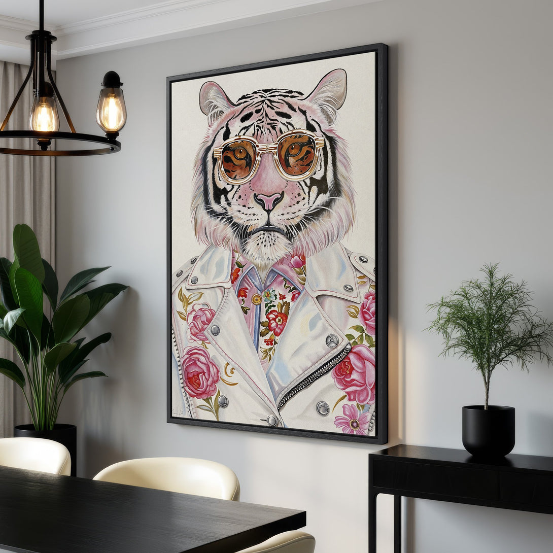 Framed Wall Art: Stylish tiger portrait in sunglasses and floral jacket. Modern, colorful canvas print with pink, white, and black accents. Perfect for home decor.