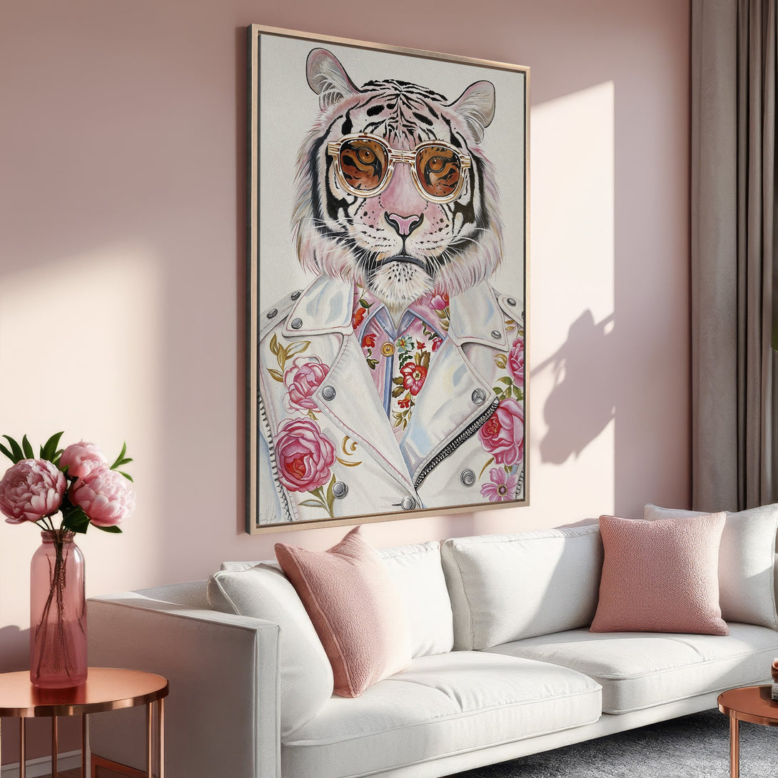 Framed Wall Art: Stylish tiger portrait in sunglasses, wearing a floral jacket. Soft pink and neutral color palette, perfect for modern home decor.