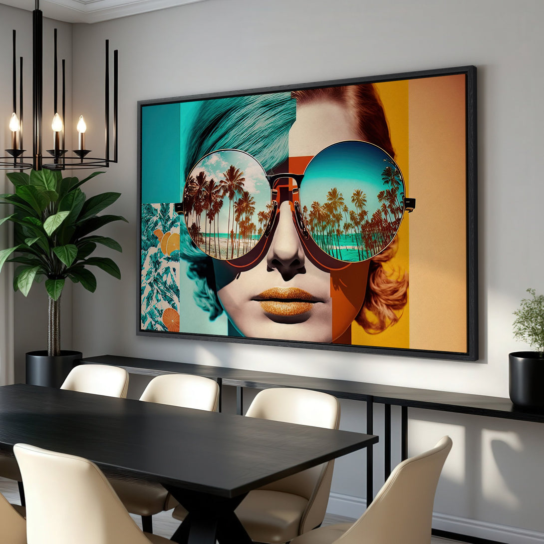Framed Wall Art: Pop art portrait with sunglasses reflecting palm trees. Vibrant teal, orange, and yellow color palette. Modern decor for your home.