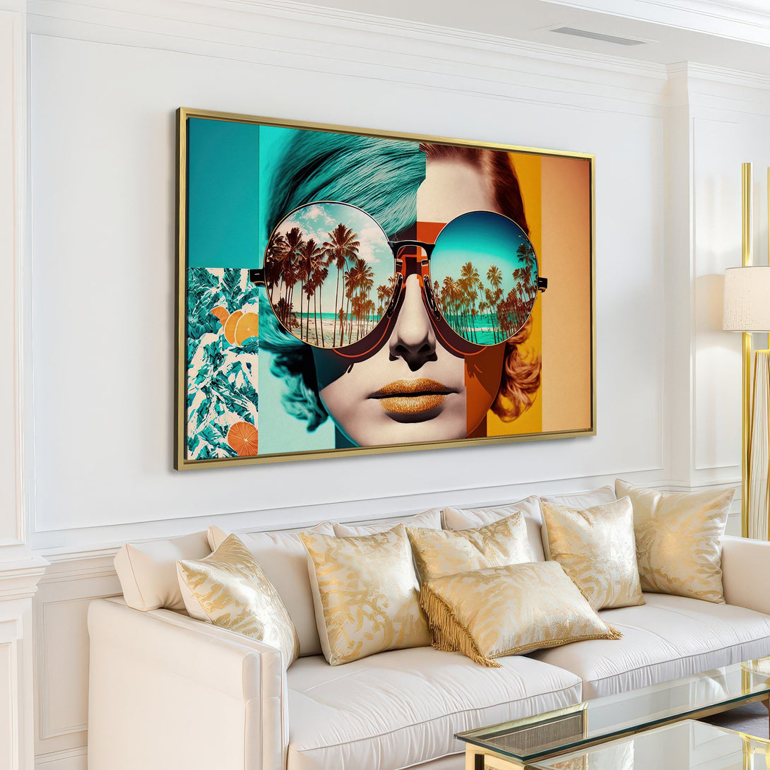 Canvas Print: Pop art portrait with sunglasses reflecting palm trees. Vibrant teal, yellow, and orange color palette, perfect for coastal decor.