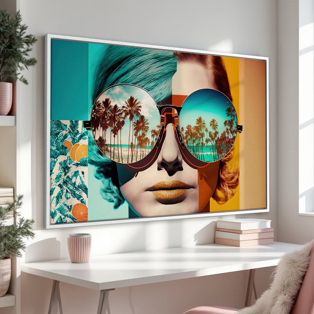 Framed Wall Art: Pop art portrait with sunglasses reflecting a beach scene. Vibrant teal, orange, and gold palette. Modern decor for your home.