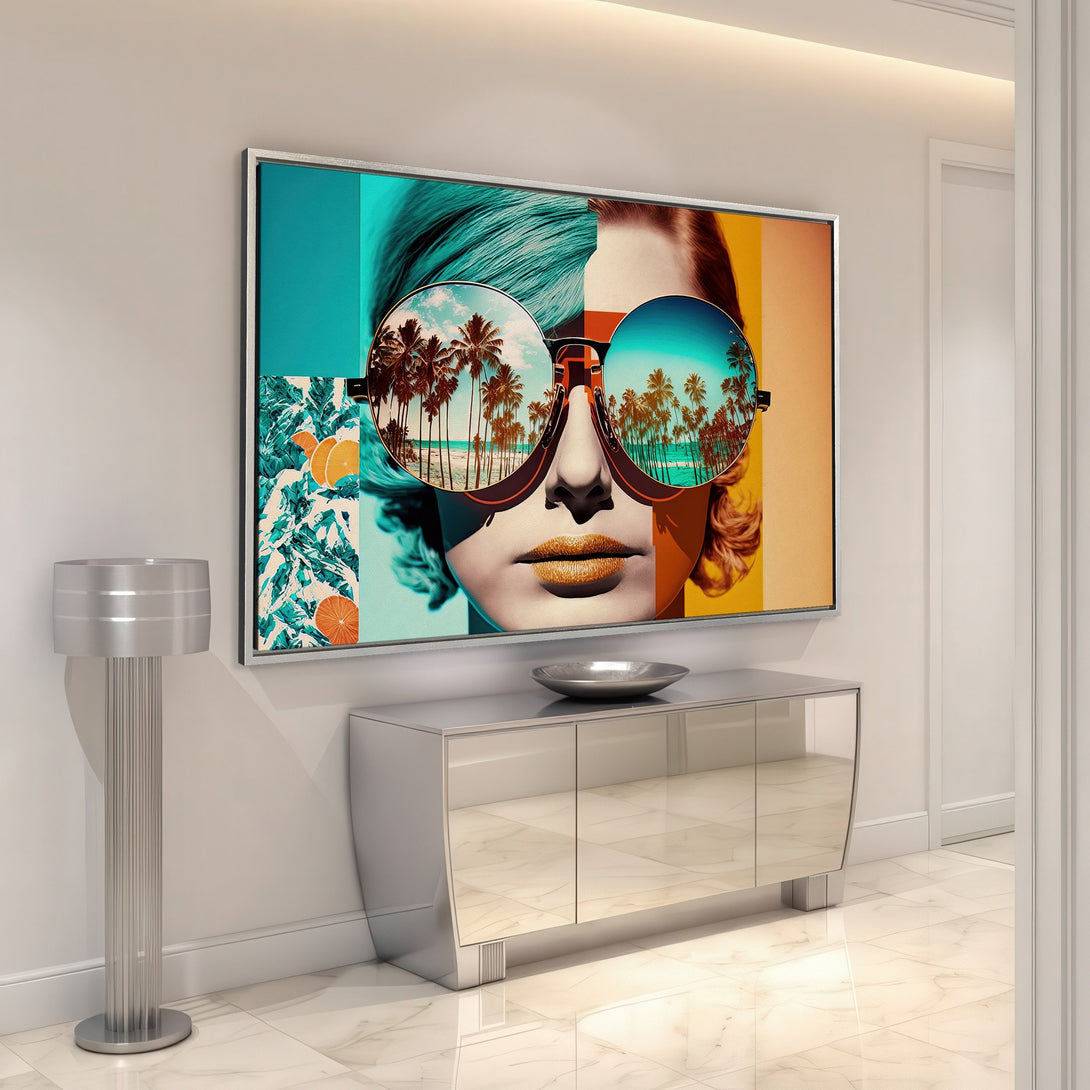 Framed Wall Art featuring a stylish woman with sunglasses reflecting a beach scene. Vibrant, colorful artwork in a modern interior, perfect for home decor.
