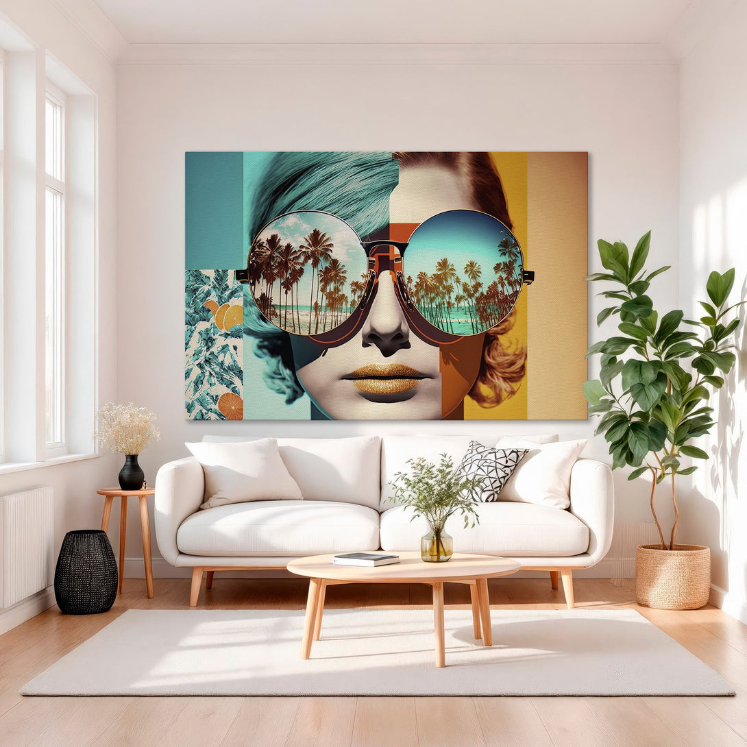 Framed Wall Art: Pop art portrait with sunglasses reflecting a tropical beach scene. Vibrant teal, orange, and gold color palette. Perfect for modern home decor.