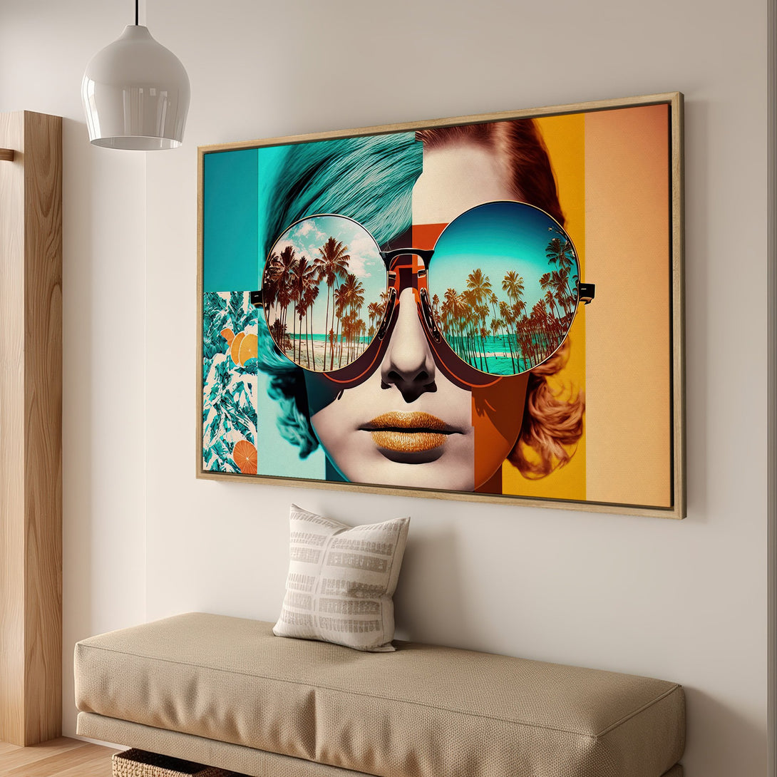 Framed Wall Art: Retro portrait with palm tree reflection in sunglasses. Vibrant teal, orange & yellow color palette. Bring a tropical vibe to your home!