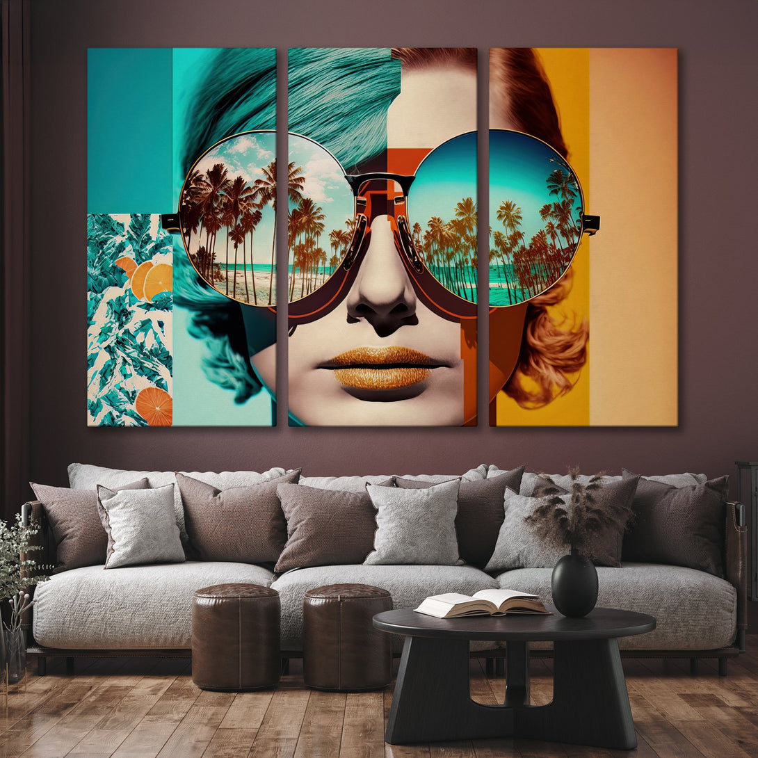 Canvas Print of a woman's face with sunglasses reflecting a beach scene. Modern art with a teal, orange, and gold color palette. Perfect wall decor!