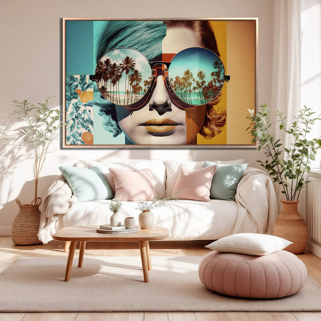 Framed Wall Art featuring a woman with sunglasses and palm trees, in a modern, colorful style. Pastel and tropical color palette, perfect for home decor.