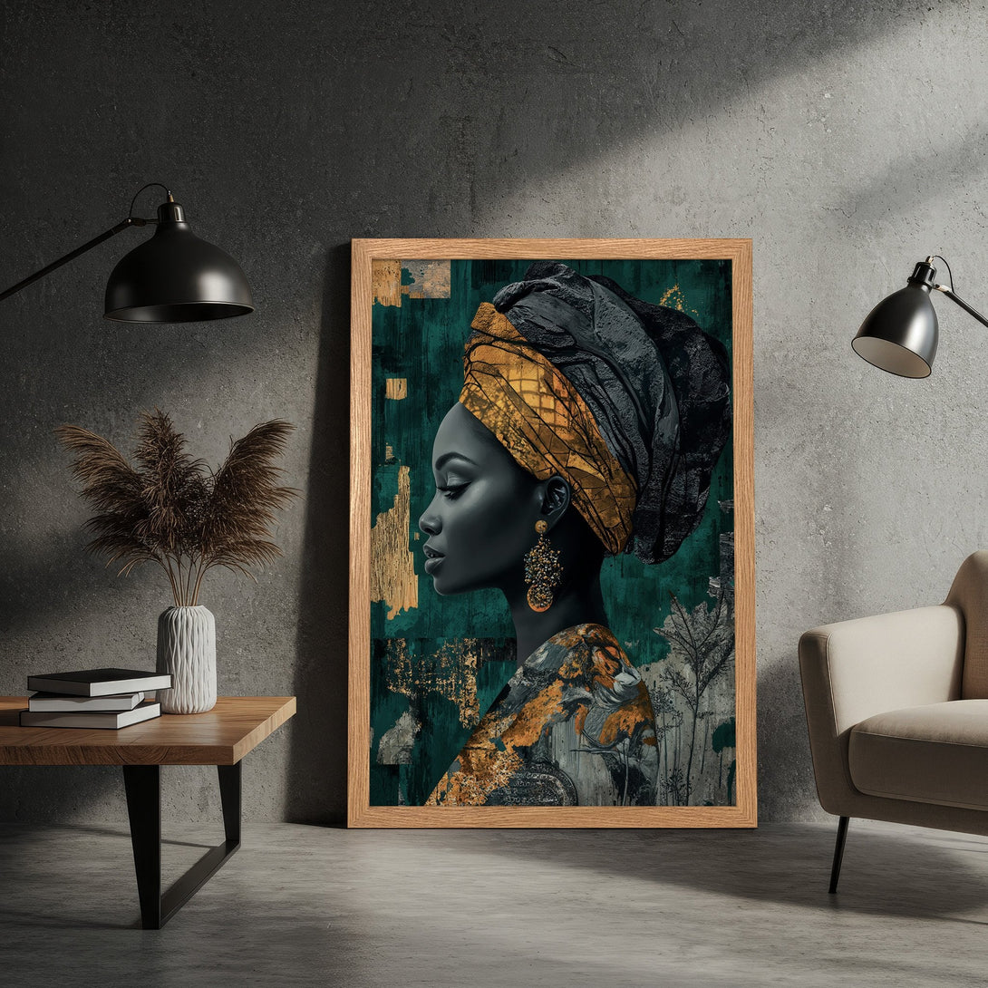 Framed Poster featuring an elegant African woman in a turban, with a teal, gold, and black color palette. Modern art print for home decor.