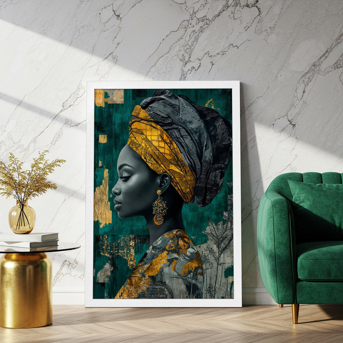 Framed Poster featuring an African woman in a turban, art deco style, with a teal, gold, and gray color palette. Perfect wall decor.
