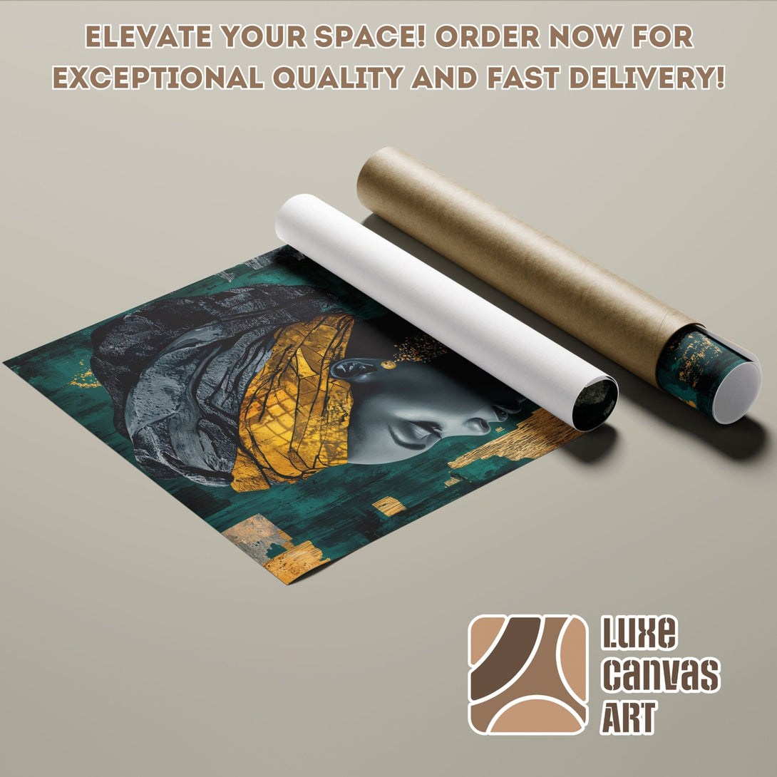 Poster Roll featuring a woman's face, abstract art style, with green and gold color palette. Elevate your space with this art.