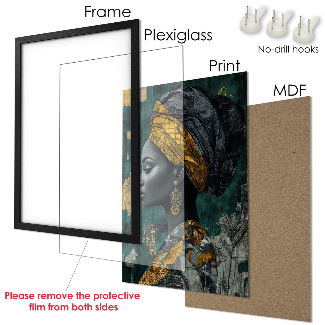 Framed Poster featuring an elegant woman in gold and teal, artistic style, perfect for home decor.