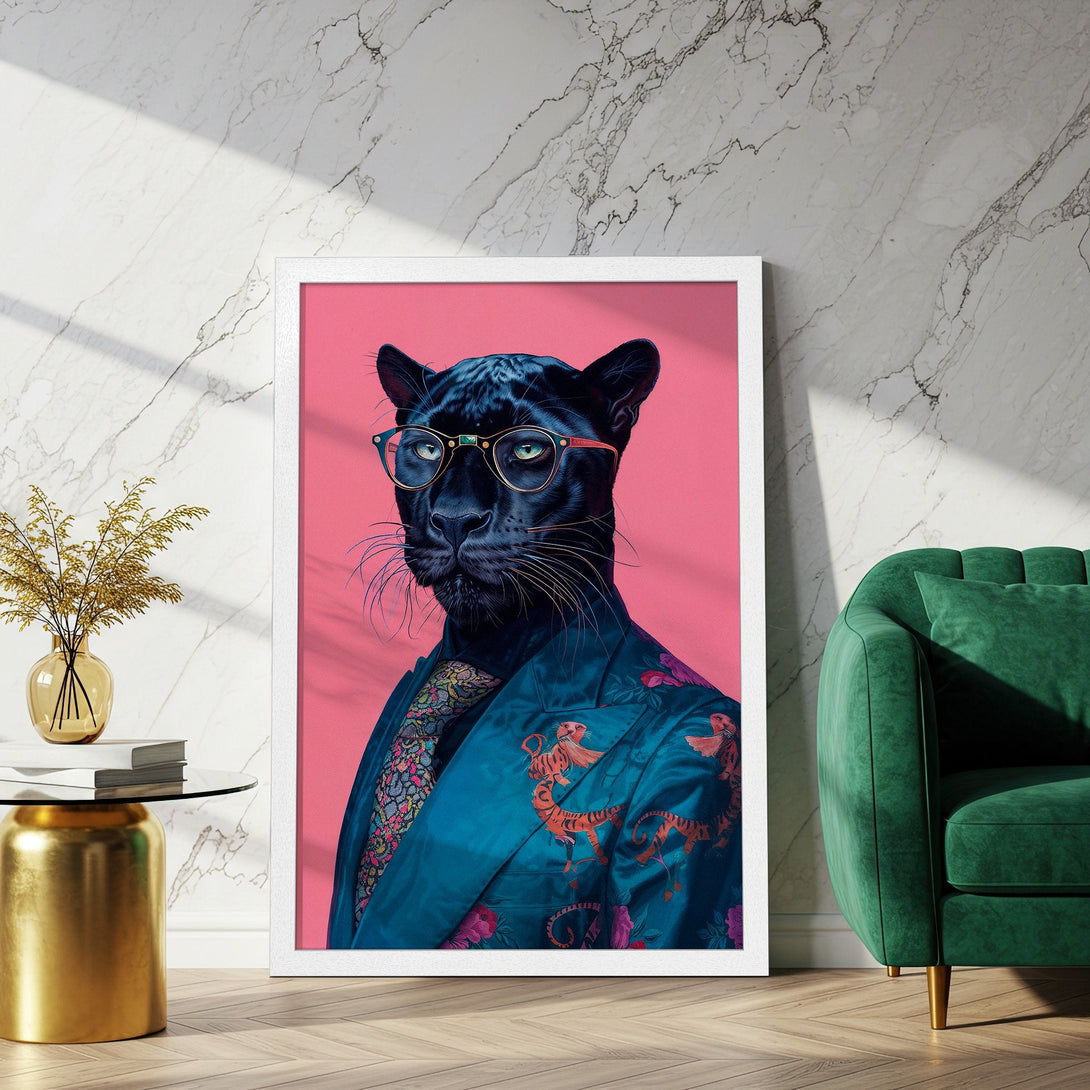 Framed Poster featuring a dapper panther in a suit. Modern art style, vibrant teal, pink, and gold color palette. Add a unique touch to your space!