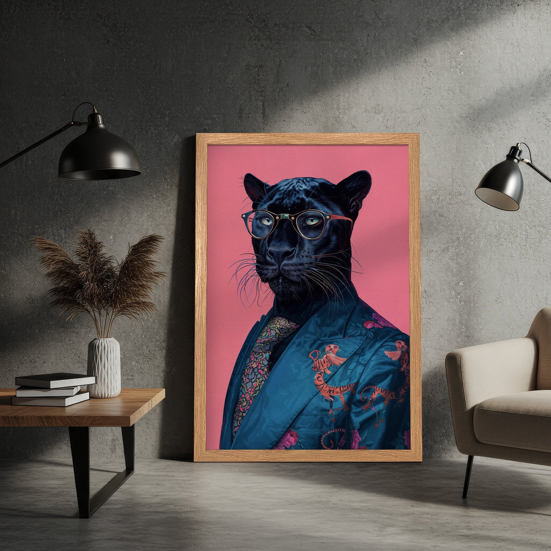 Framed Poster featuring a stylish panther in a suit, pop art style, with a pink and teal color palette. Add a touch of wild elegance!