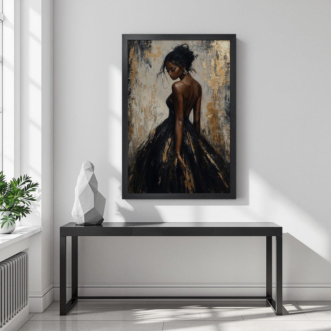 Framed Poster of elegant woman in black dress, abstract style, gold & black palette. Perfect wall art!
