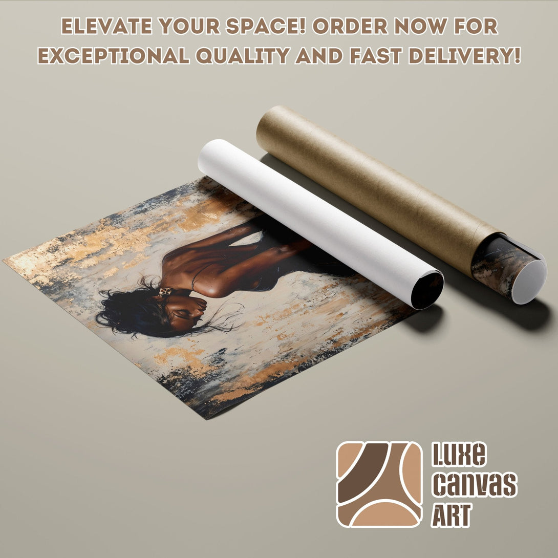 Abstract art poster roll featuring a woman in a neutral and gold palette. Elevate your space!