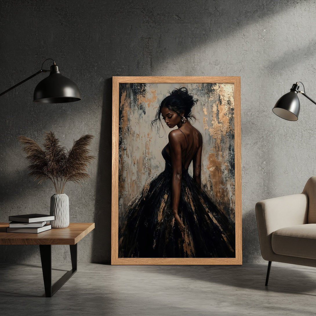 Framed Poster of elegant woman in black dress. Abstract style with gold, black, and neutral tones. Perfect wall art for your space.