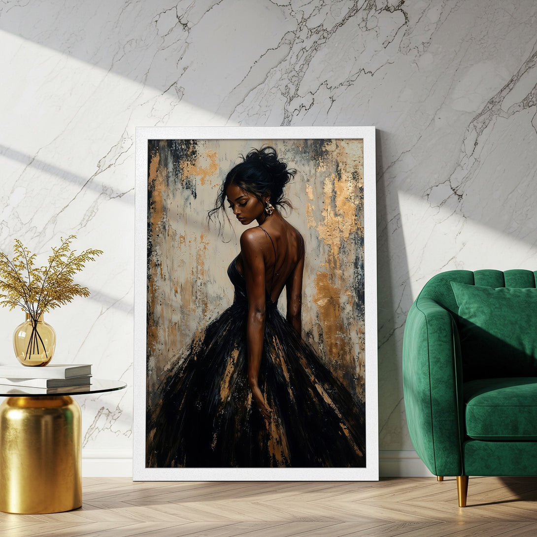 Framed Poster featuring a woman in a black dress. Artistic style with gold, black, and neutral tones. Perfect wall art for your home.
