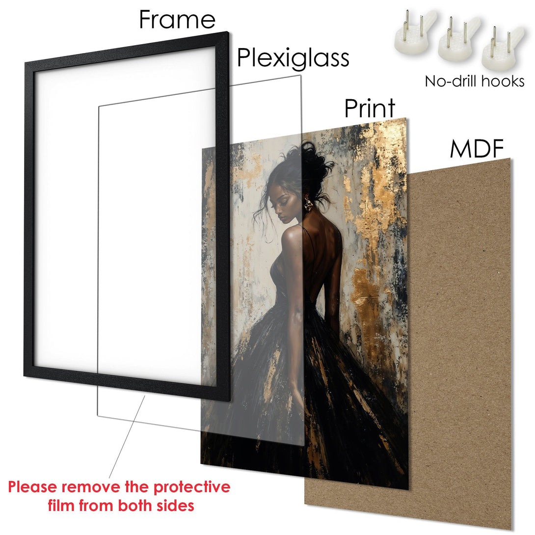 Framed Poster art print featuring a woman in a black dress, abstract style, with gold and neutral tones. Ready to hang!