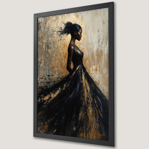 Framed Poster: Abstract art of a woman in a black dress, gold and black color palette. Elegant decor for your home.