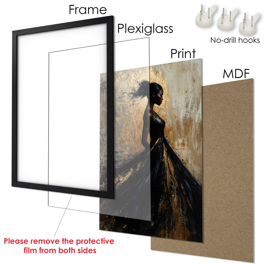 Framed Poster featuring a woman in a black dress, abstract style, with a gold and black color palette. Modern art for your home!