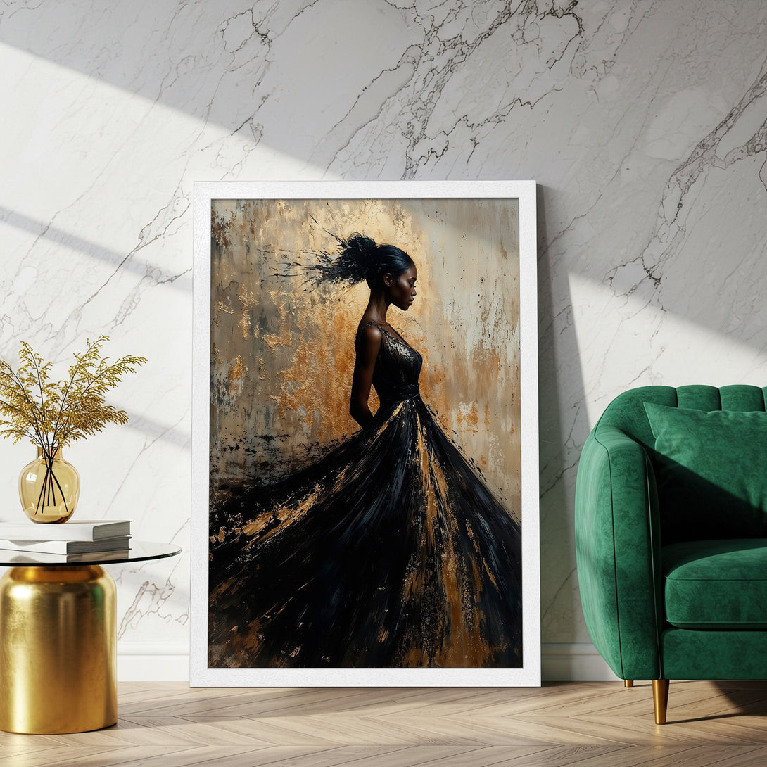 Framed Poster of elegant woman in black dress, abstract style, gold & black color palette. Add art to your space!