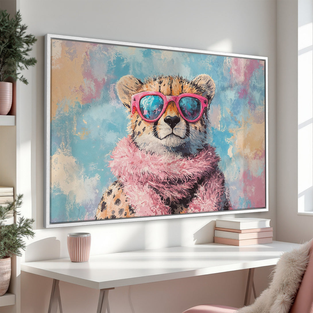 Framed Wall Art: Playful cheetah portrait with pink sunglasses & scarf. Abstract style, pastel color palette. Perfect for adding a touch of fun to any space!