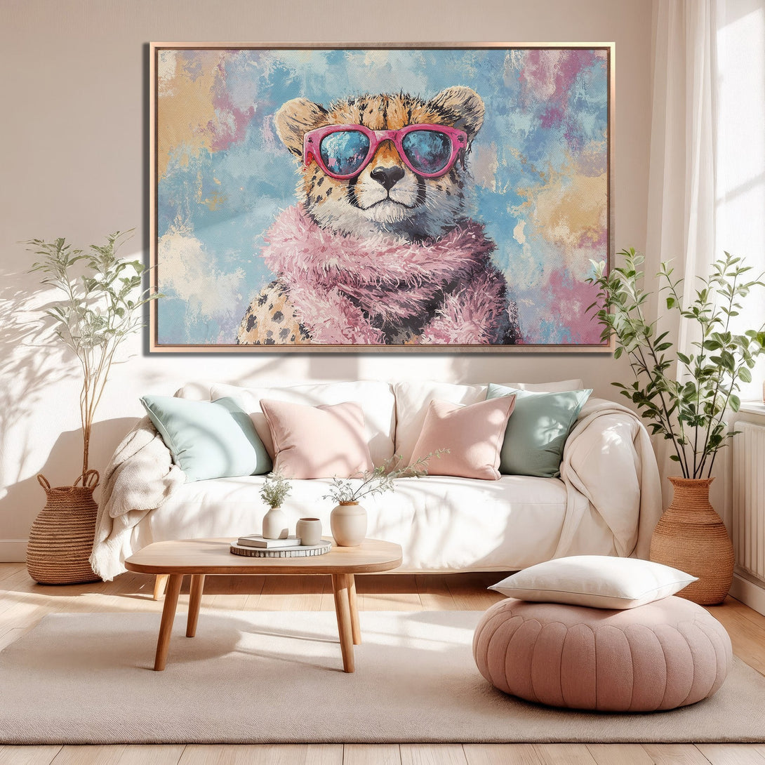 Framed Wall Art: Playful cheetah portrait in pink and blue hues. Modern, abstract style Canvas Print adds a pop of personality to your living room!