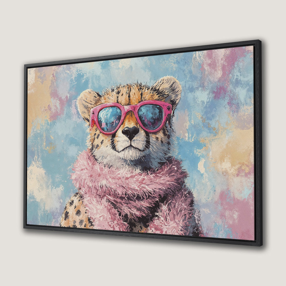 Framed Wall Art: Playful cheetah in sunglasses, a pop art style with a pink and blue color palette. Add a touch of fun to your decor!