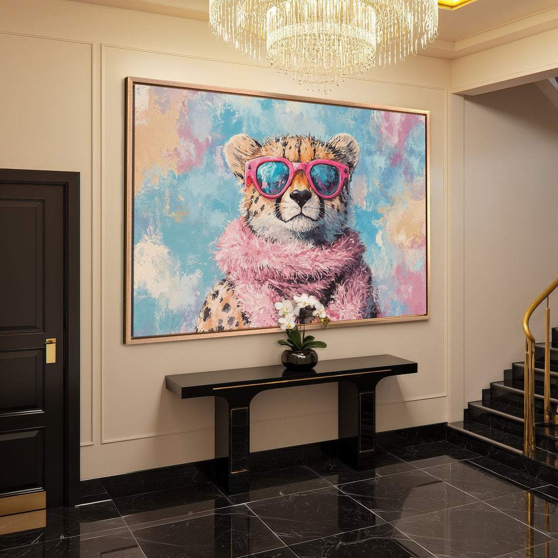 Framed Wall Art: Playful cheetah in pink sunglasses & scarf, vibrant abstract background. Modern art in a luxurious interior. Pastel & blue color palette.