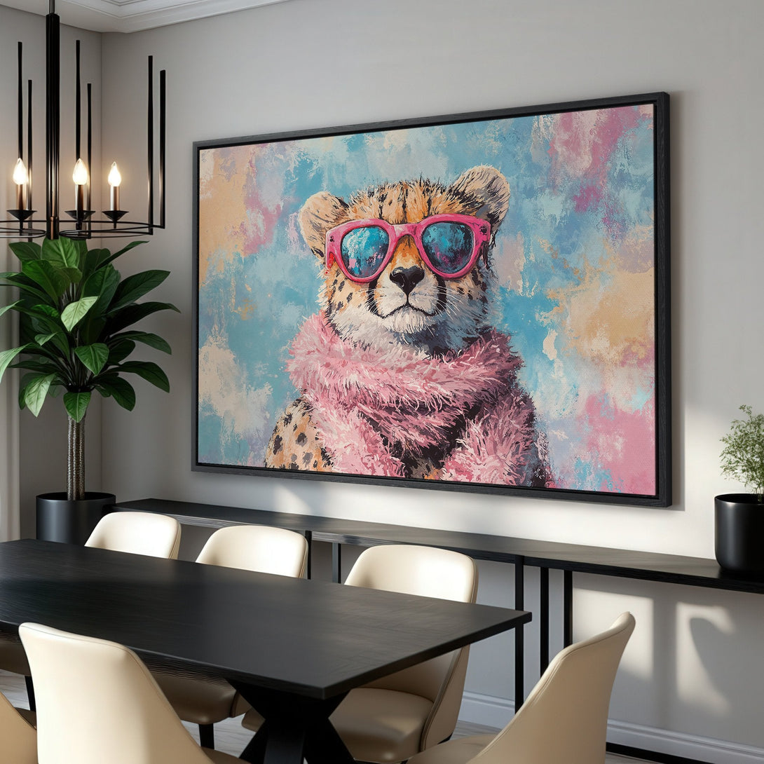 Framed Wall Art: Cool cheetah painting in bright pink & blue palette. Modern animal art canvas print for stylish home decor.