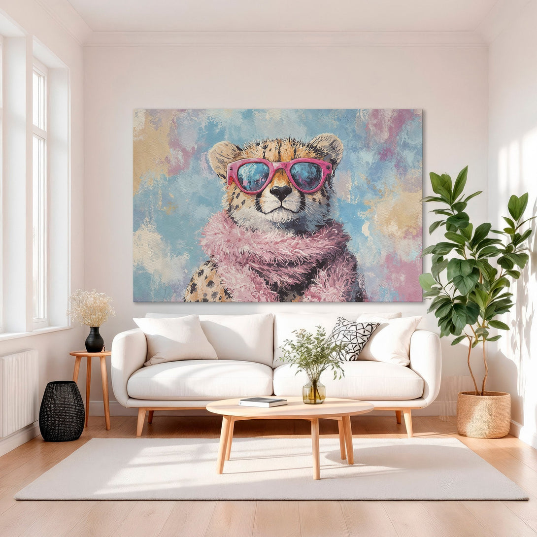 Framed Wall Art: Playful cheetah in sunglasses. Modern, colorful painting with pink, blue, and gold tones. Perfect for a stylish living room.