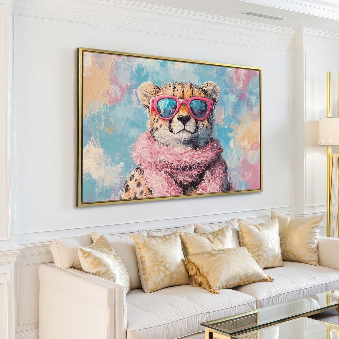 Canvas Print of a cheetah wearing sunglasses and a pink scarf, displayed in a modern living room. Pastel color palette, whimsical style.