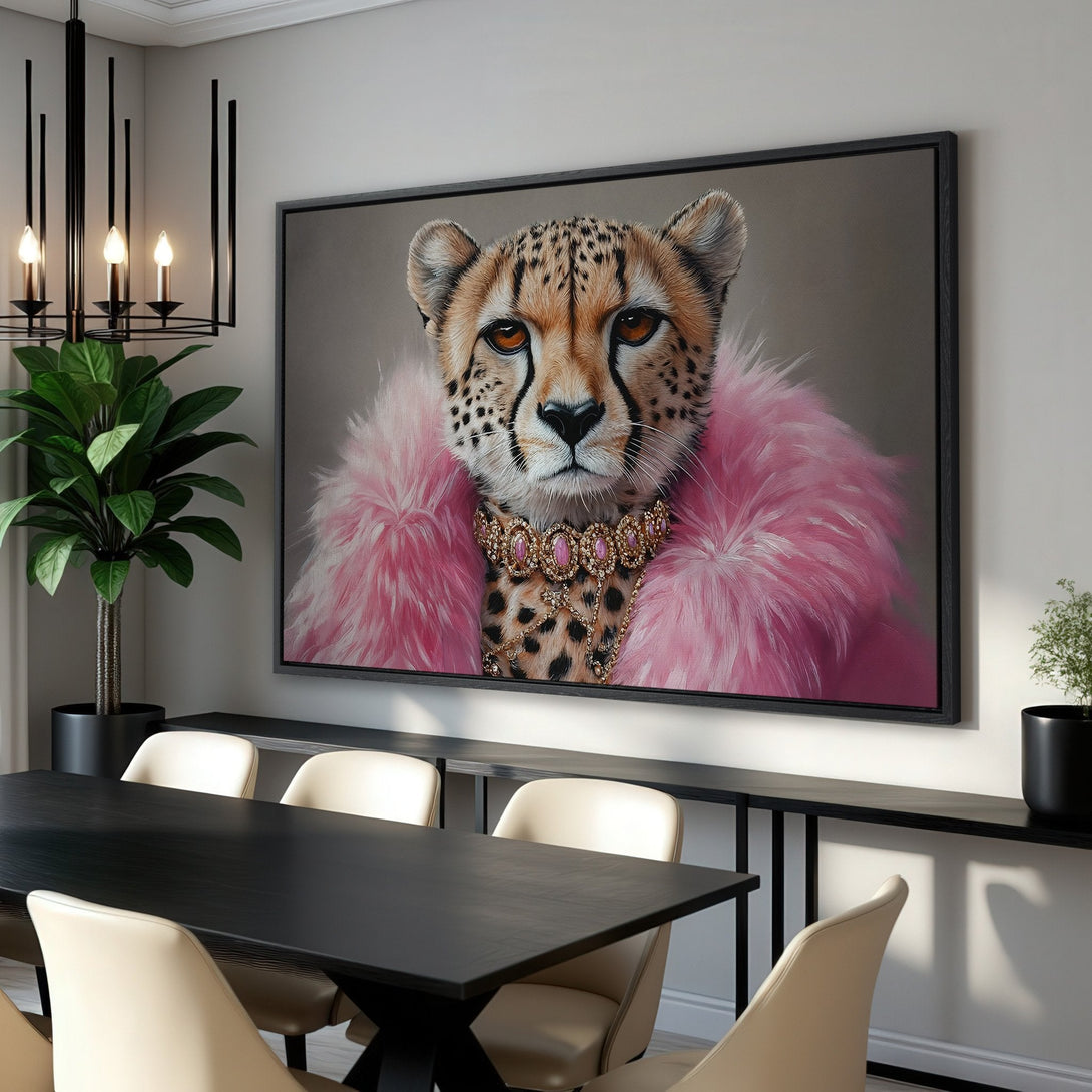 Framed Wall Art: Glamorous cheetah portrait in pink fur, neutral tones. Chic animal art for modern home decor. Shop now!