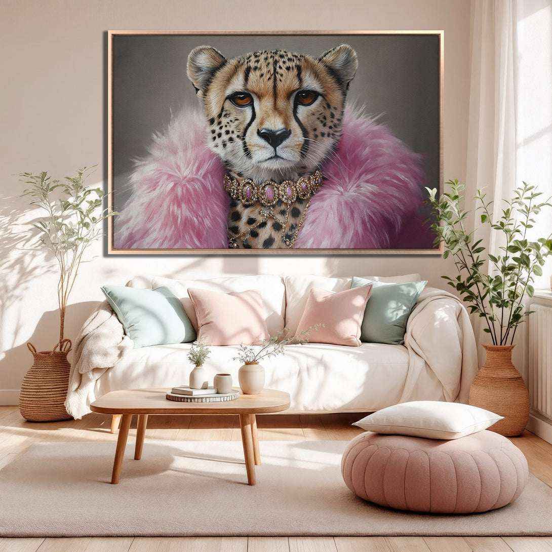 Framed Wall Art: Chic cheetah portrait in pink fur and jewels. Modern art with a neutral and blush color palette, perfect for stylish home decor.